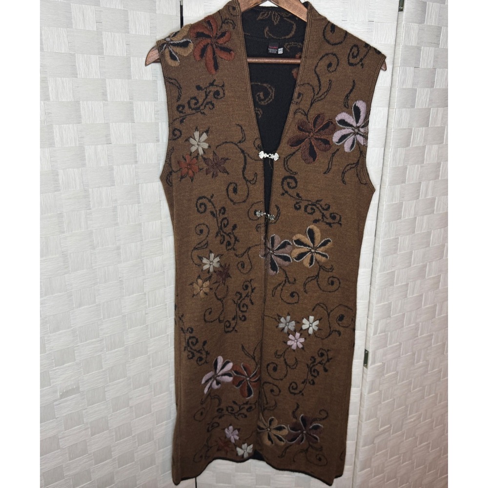 Tey-Art Alpaca Blend Floral Embroidered Long Vest Brown Hand Made Boho Small